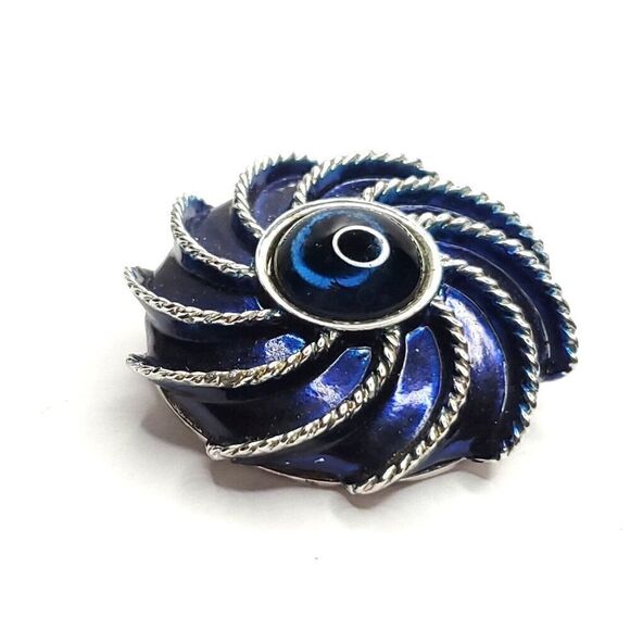 Avon Moonwind Round Enamel Jelly Belly Floral Brooch Scarf Clip Blue Swirl - Picture 3 of 6